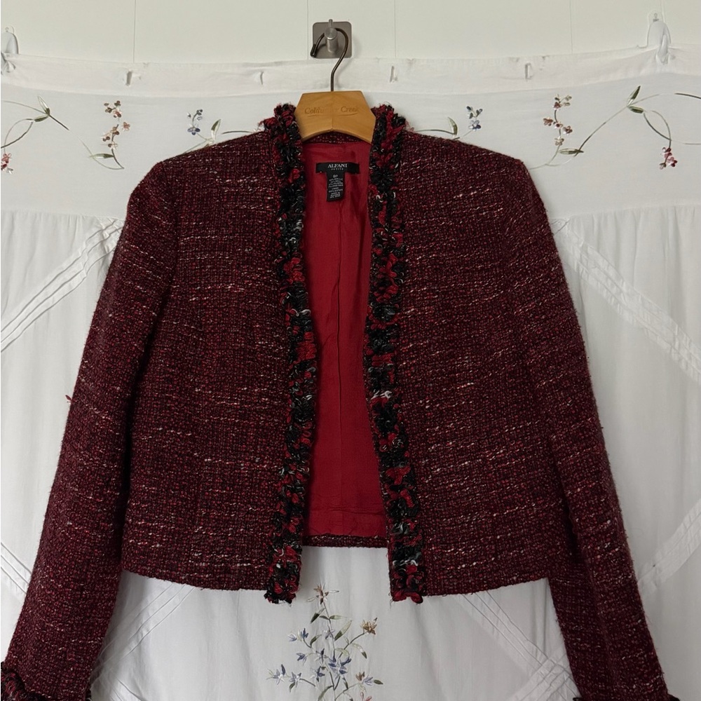 Alfani Burgundy/Red Wool Blend Fringe Trim Blazer